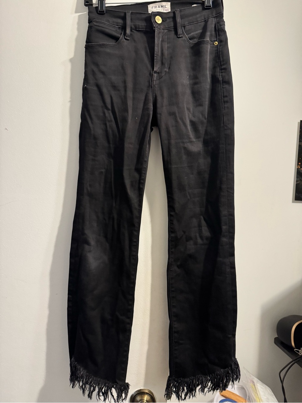 FRAME Black Frayed Hem Le Hight Straight Black Jeans